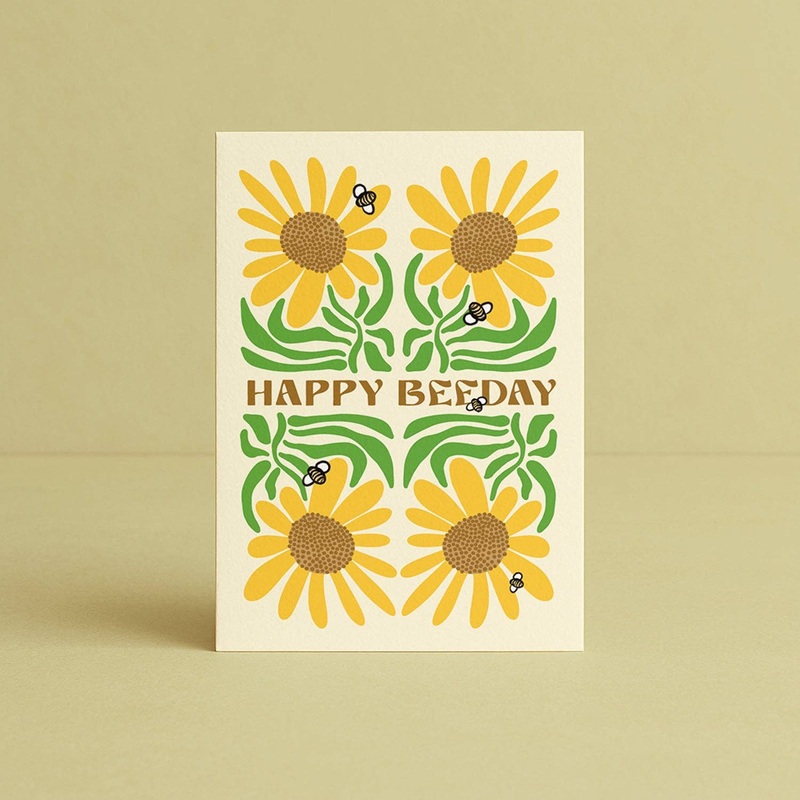 Greeting Card Happy Bee Day Sunflowers