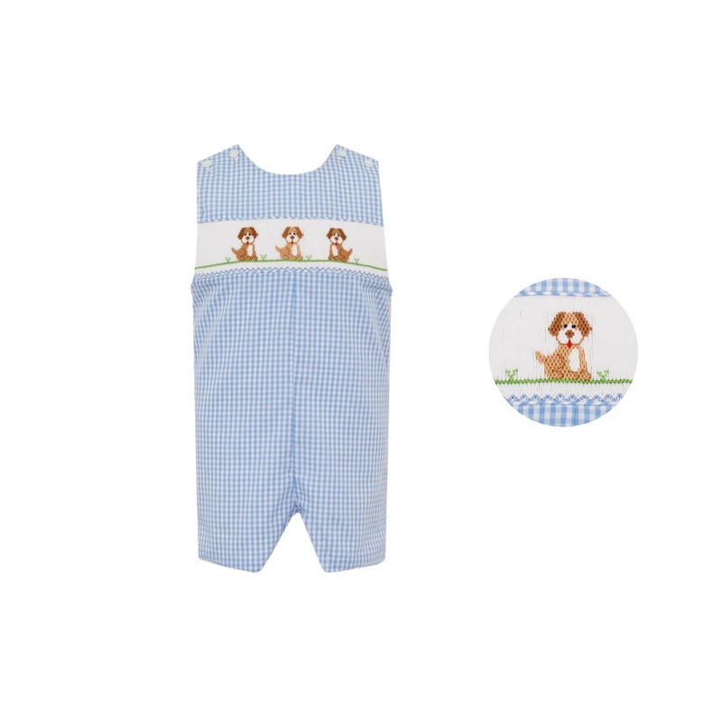 Boy’s Dogs Smocked Blue Gingham John John