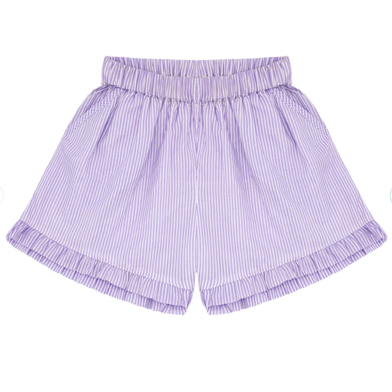 Girls Lavender Stripe Ruffle Shorts