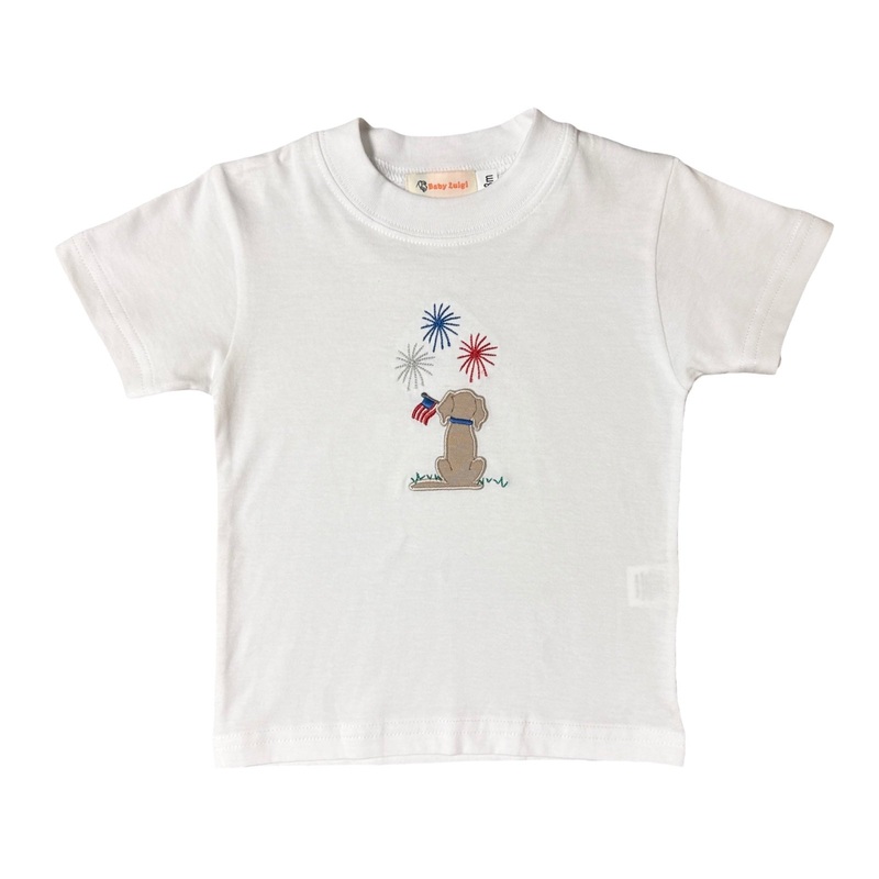 Boy’s Short Sleeve White T-Shirt, Dog with Fireworks