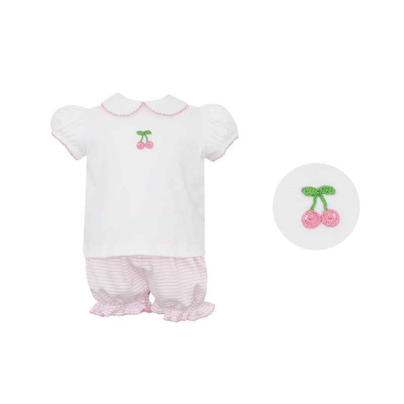 Cherries Pink Stripe Knit Short Sleeve Bloomer Set