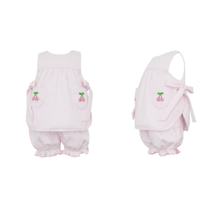 Cherries Pockets Pink Stripe Knit Bloomer Set