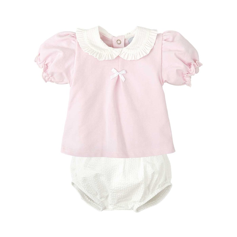 Pink & White Short Sleeve Seersucker Diaper Set