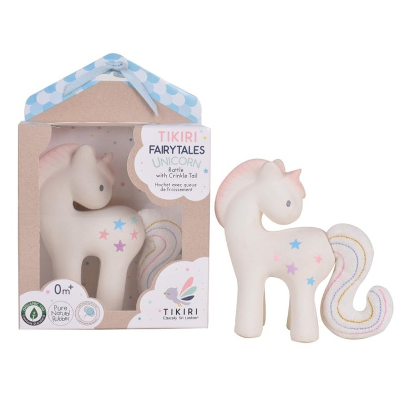 Cotton Candy Unicorn Organic Natural Rubber Rattle w/Crinkly Tail
