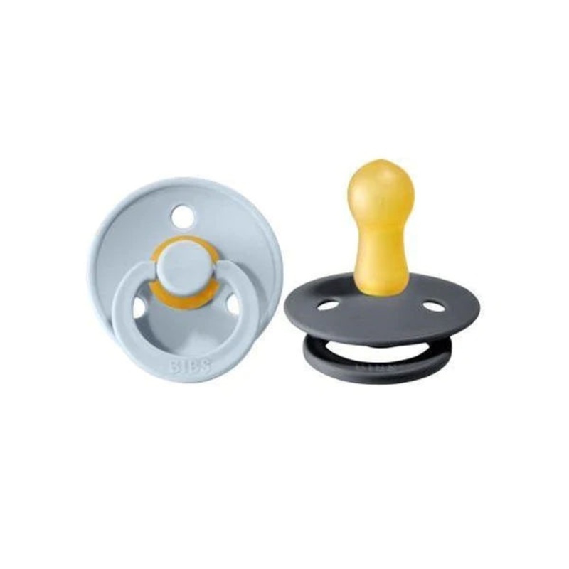BIBS Colour Round Latex Pacifier 2-Pack (Baby Blue/Iron)