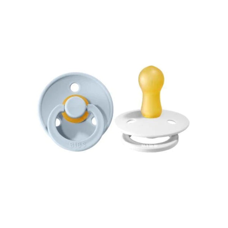 BIBS Colour Round Latex Pacifier 2-Pack (Baby Blue/White)