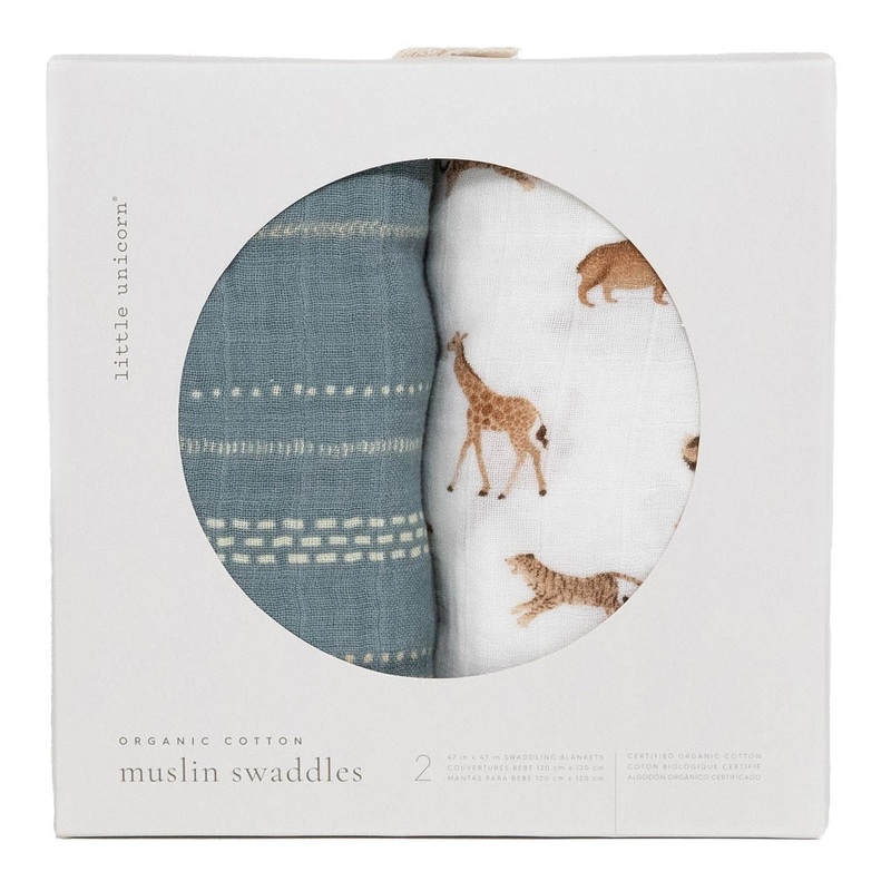 Little Unicorn Organic Cotton Muslin Swaddle Blanket Set (Animal Crackers)