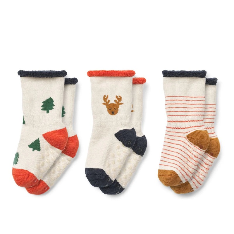 Baby Socks 3-Pack – Holiday Reindeer / Sandy Mix
