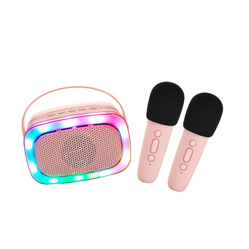 Kids Karaoke Party Set, Light Up Speaker & 2 Wireless Microphones – Rose Pink