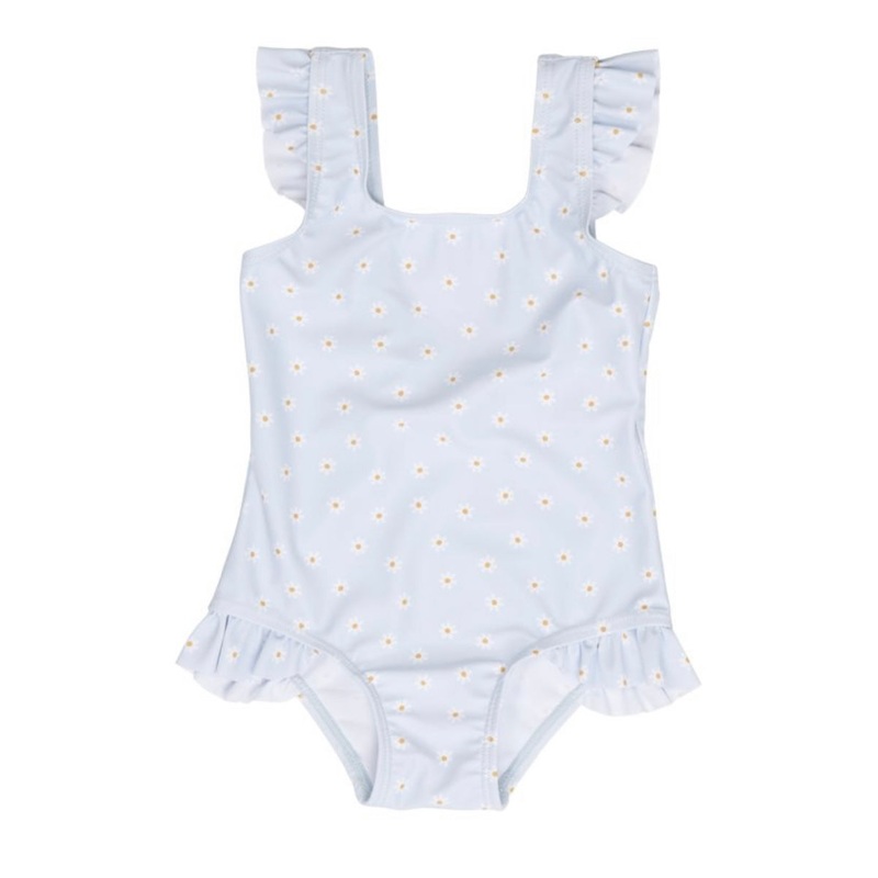 Swimsuit, Short Sleeves Ruffles – Blue Daisies (UPF 50+) Various Sizes