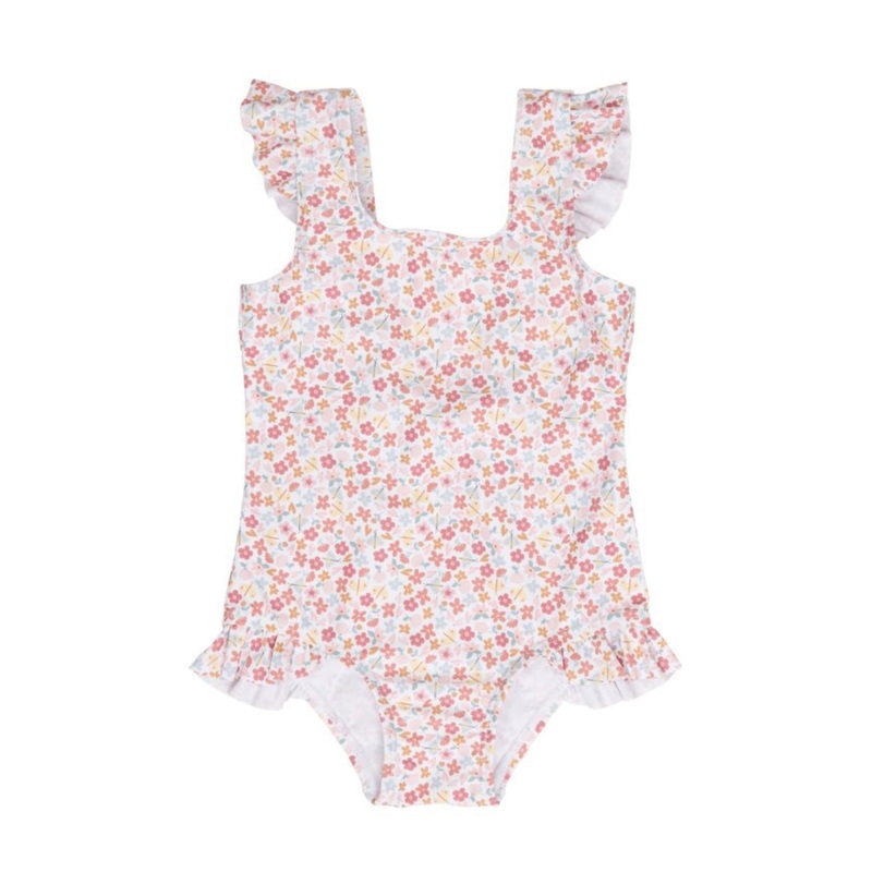Swimsuit, Short Sleeves Ruffles – Summer Flowers (UPF 50+) Various Sizes