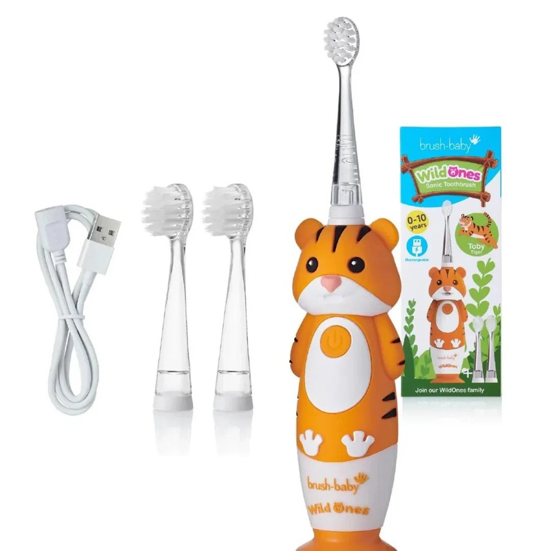 Kids Electric Rechargeable Toothbrush (Incl 2 Replacement Brush Heads) – Toby Tiger (0-10 Years)