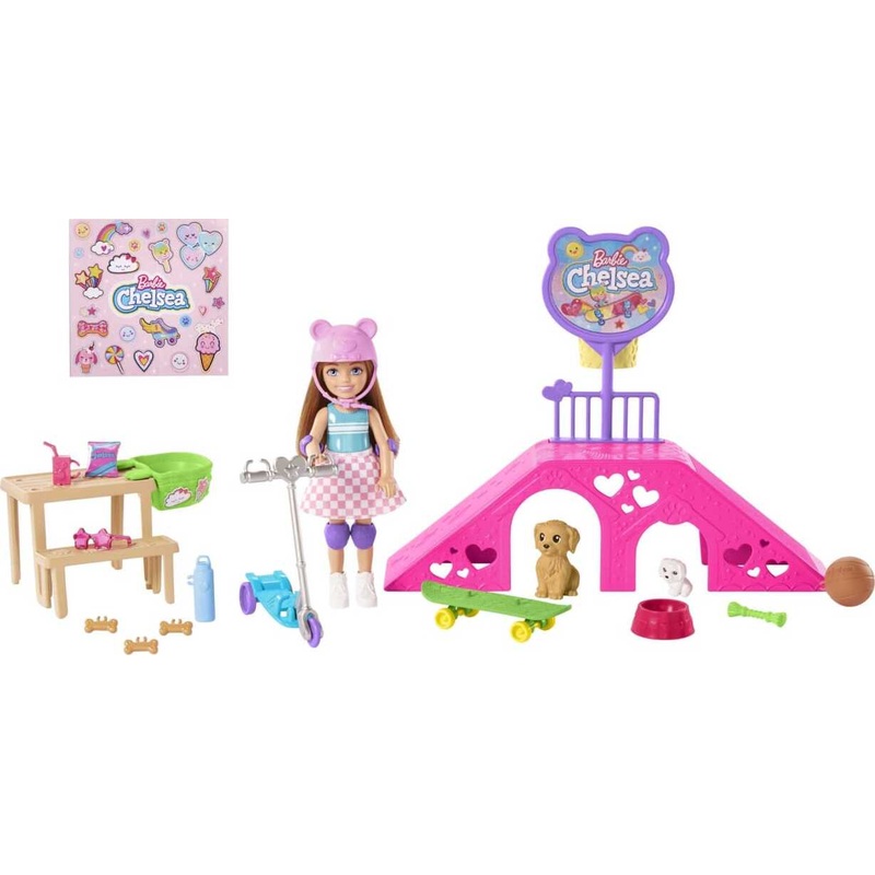 Barbie Chelsea Doll and Accessories, Skatepark Playset with 2 Puppies and 15+ Pieces