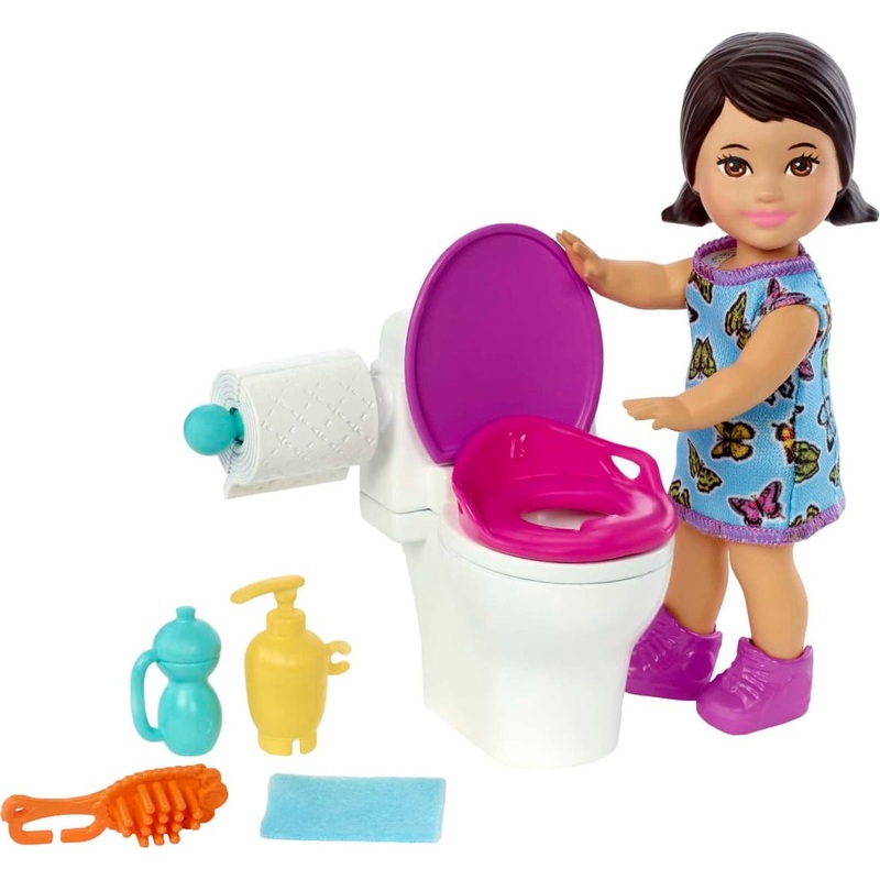 Barbie Small Doll and Accessories, Babysitters Inc. Set with Toilet and 5 Pieces