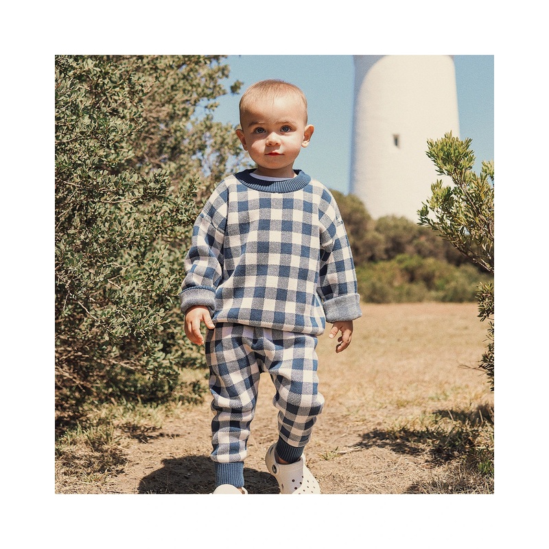 Kynd Baby Jacquard Knit Pants – Navy Gingham